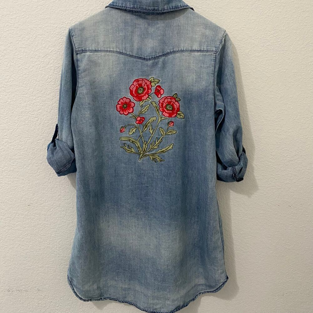 En Creme Womens S Embroidered Floral Chambray Denim Shirt Tunic Long Sleeve - Picture 2 of 14